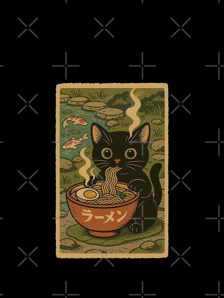 Ramen Cat Black Cat Garden Koi Pond Japanese Vintage Style Art by Damcoc