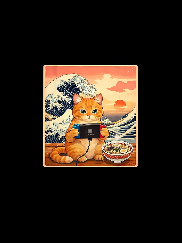 Retro Gamer Cat with Ramen Great Wave for Anime Fans by heymbe