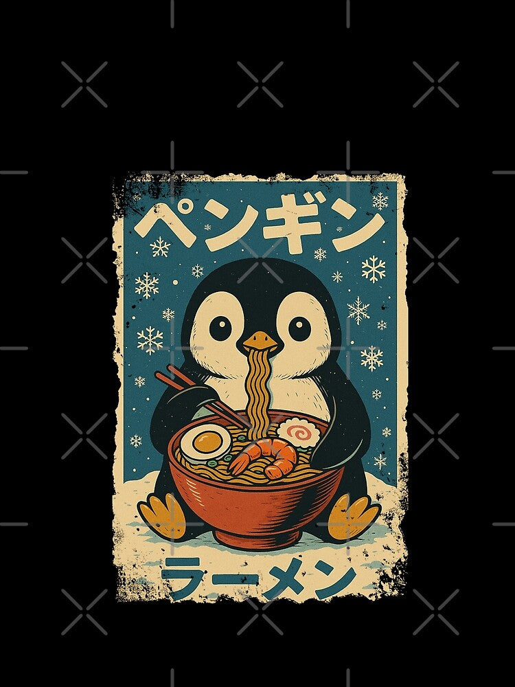 Penguin Ramen Noodles Cute Japanese Retro Vintage Style Art by Damcoc