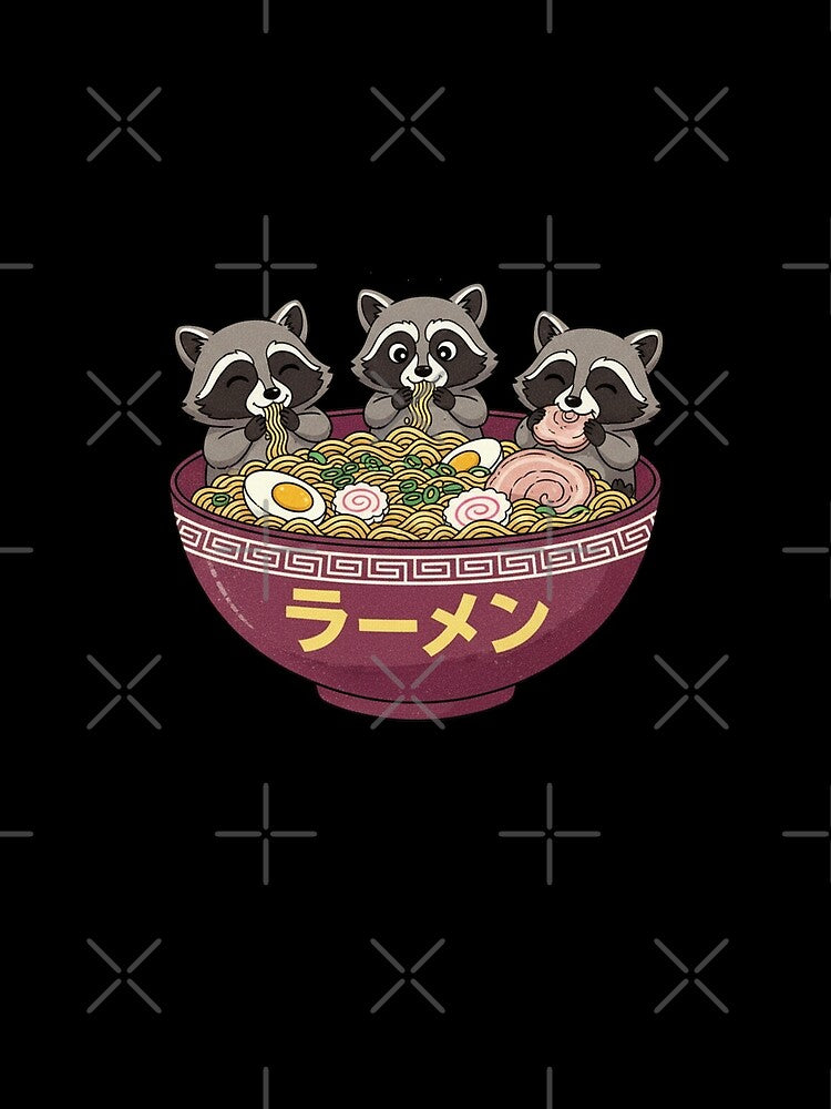 Cute Three Raccoon Eating Ramen Bowl Party Kawaii Japanese by Bongocomic