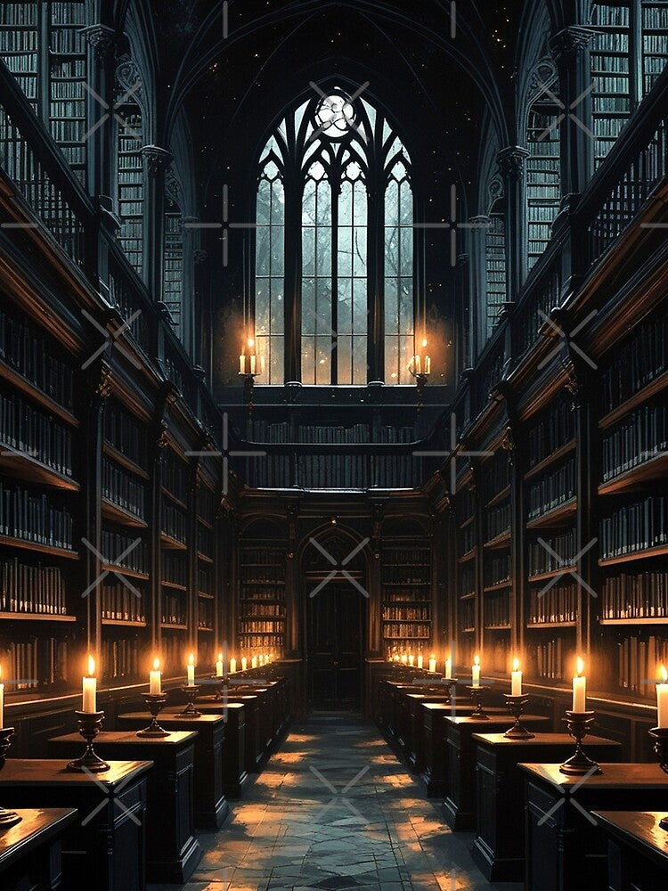 Ancient Gothic Library at Midnight – Dark Academia Art Print by semenol