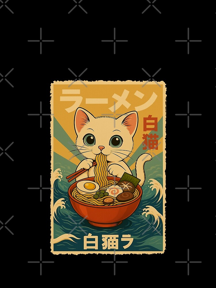 Cute White Cat Ramen Japanese Vintage Retro Wave Style Graphic by Damcoc