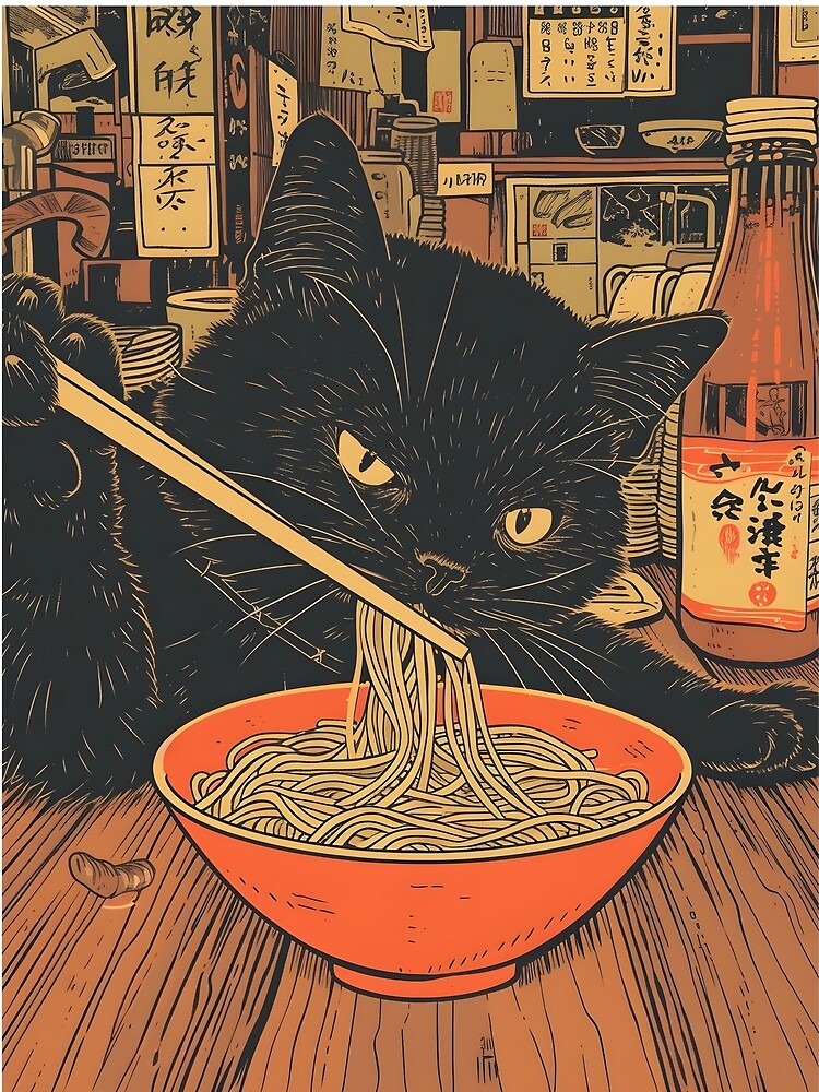Fifties Mid Century Black Cat Eating Noodle Soup With Chopsticks by scooterbaby