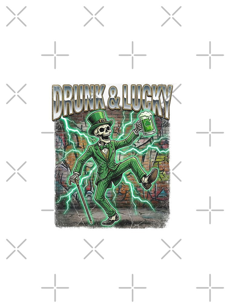 Retro Vintage Skeleton Drunk & Lucky St. Patrick's Day 90s Bootleg Style Funny Shamrocks T-Shirt by Clothesbest