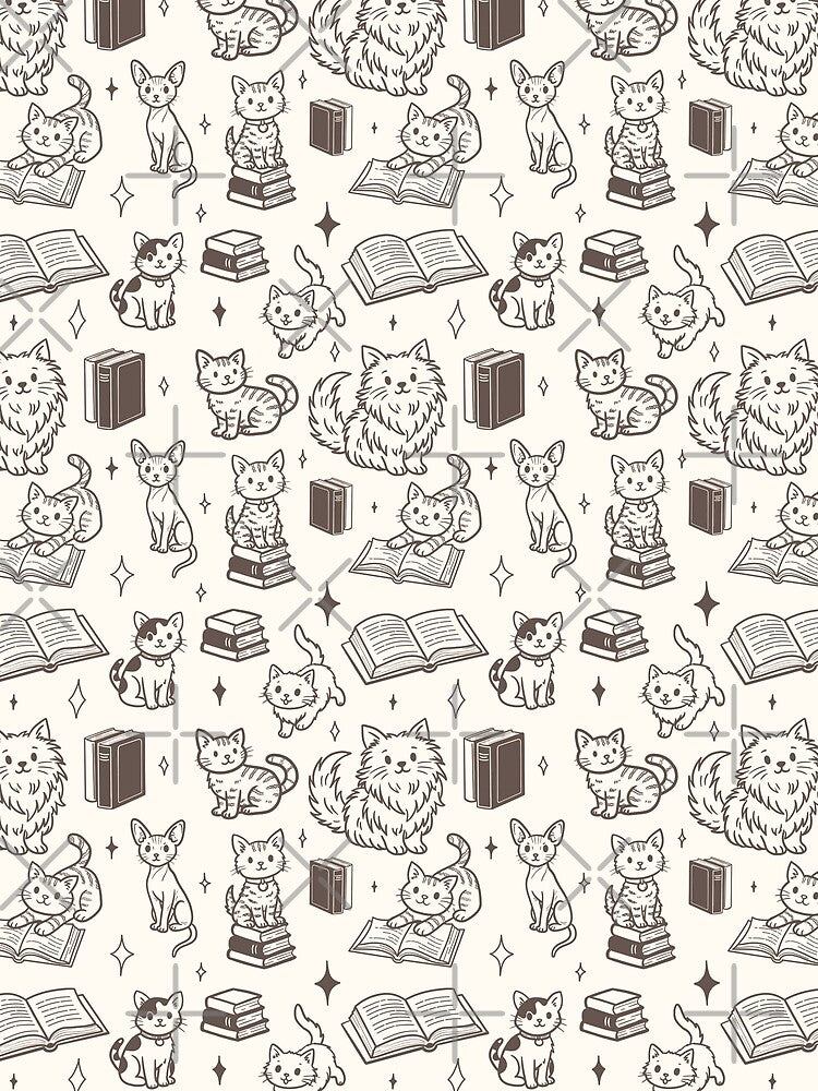 Cute Cats and Books Doodle Seamless Pattern for Book Lovers in Mocha by WildLakePatterns