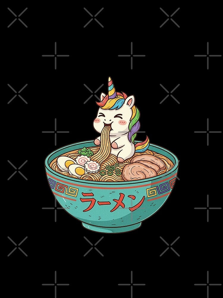 Cute Rainbow Unicorn Eating Ramen Japanese Noodle Bowl Art by Bongocomic