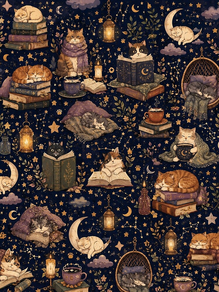 Midnight Cozy Cat Library Pattern – Aesthetic Cat Notebook by IconicDesignsXd