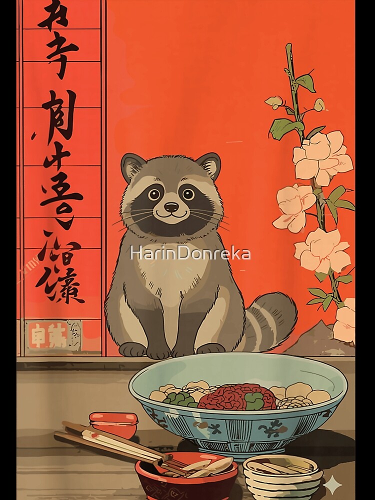 Cute Raccoon Eating Ramen Noodle Japanese Art Style Poster by HarinDonreka
