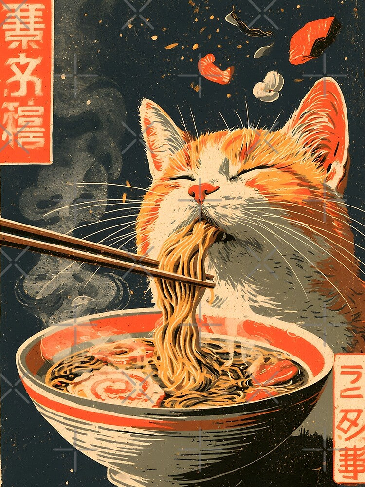 Cute Ramen Cat Japanese Ukiyoe Noodle Art by GrinGalore