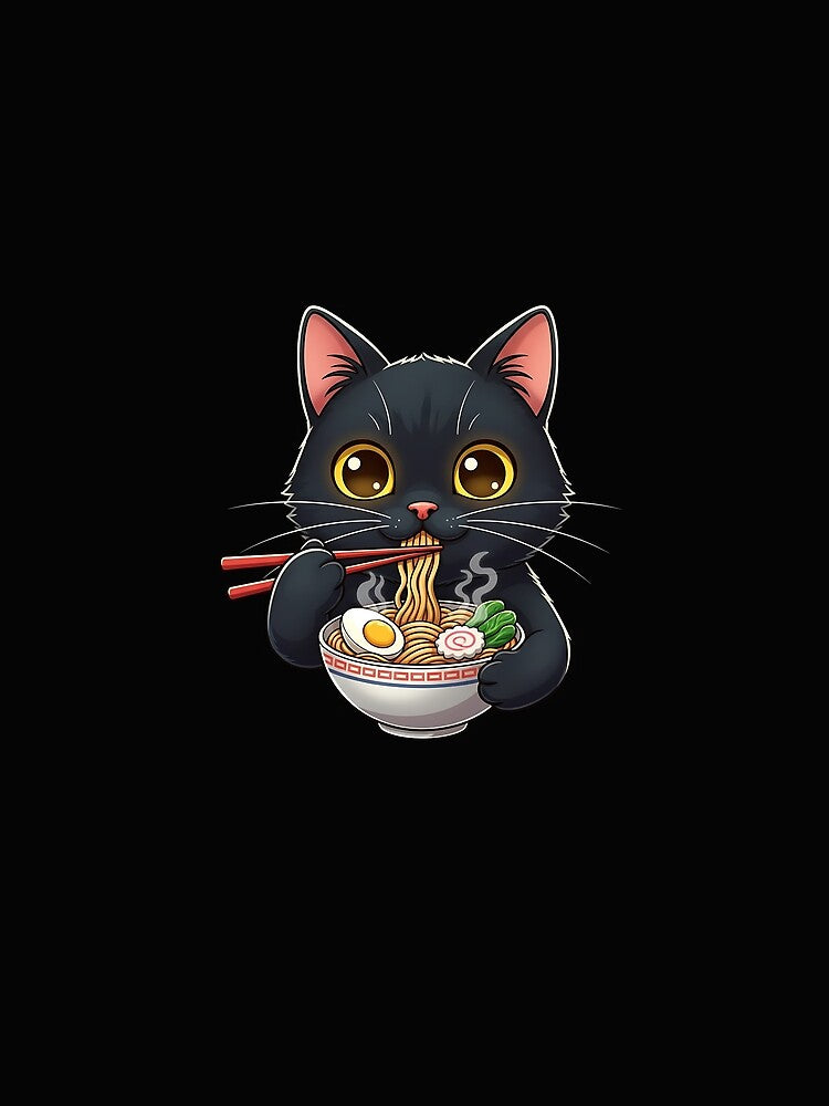 Funny Black Cat Eating Ramen Japanese Noodles by MOHITSALVI