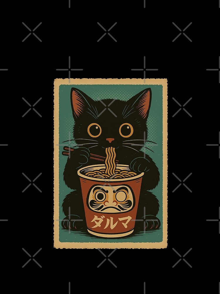 Black Cat Ramen Daruma Cup Ramen Japanese Vintage Style Art by Damcoc
