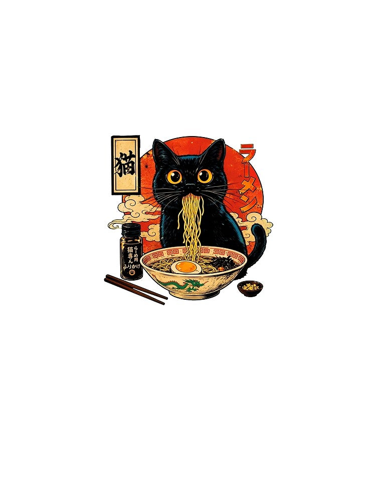 Funny Black Cat Eating Japanese Ramen Noodle Soup Ukiyo-e Style by Vermanartist