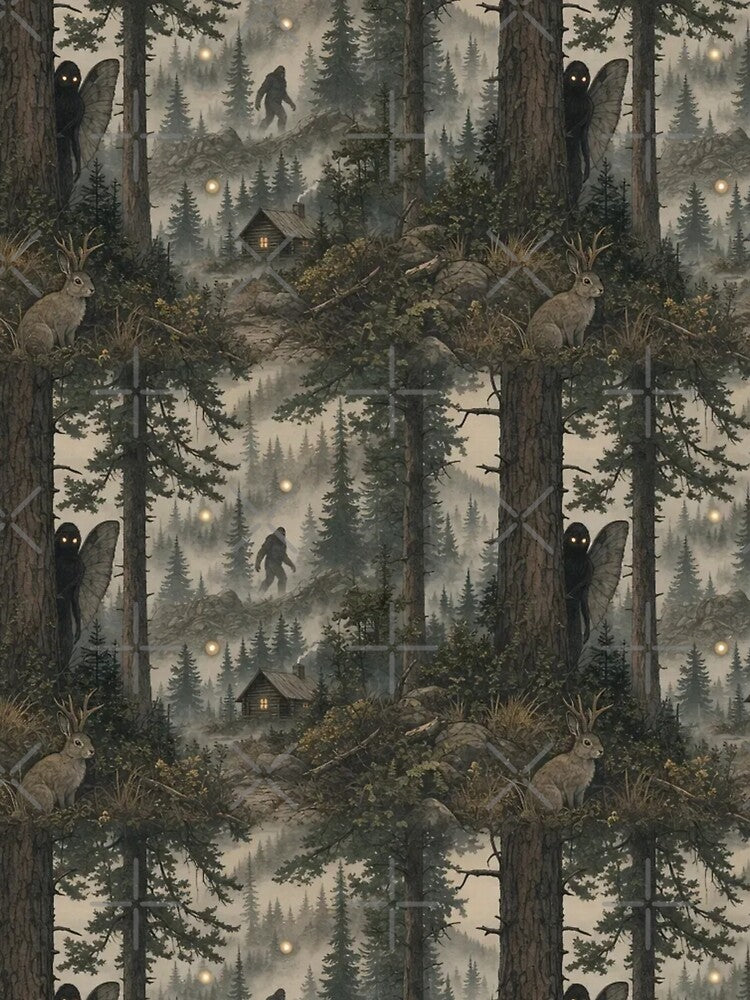 Cryptid Forest with Mothman Bigfoot and Jackalope in Misty Pine Green by StickyGuys