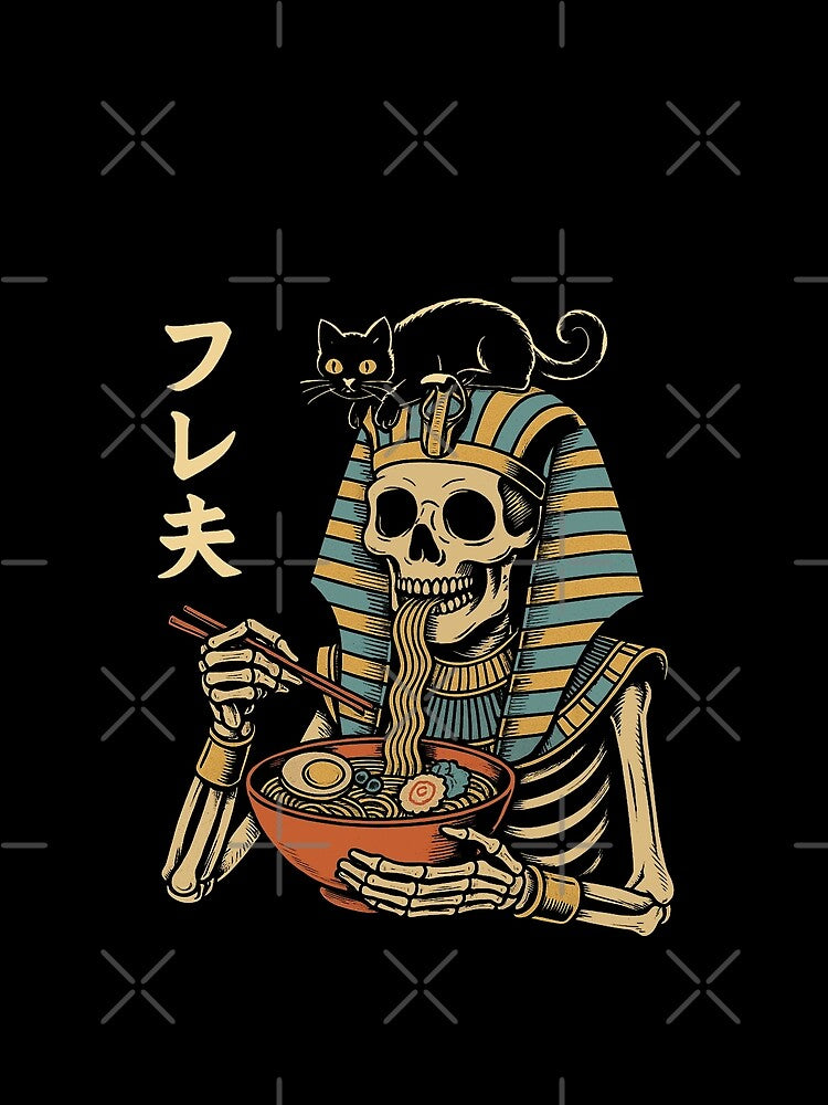Pharaoh Skeleton Slurping Ramen with Black Cat Egyptian Japanese Mashup Vintage Retro Style by Damcoc