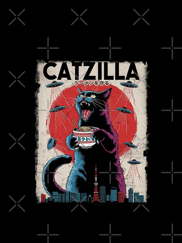 Catzilla Ramen Defense UFO Invasion Tokyo Retro Cat Art by Damcoc