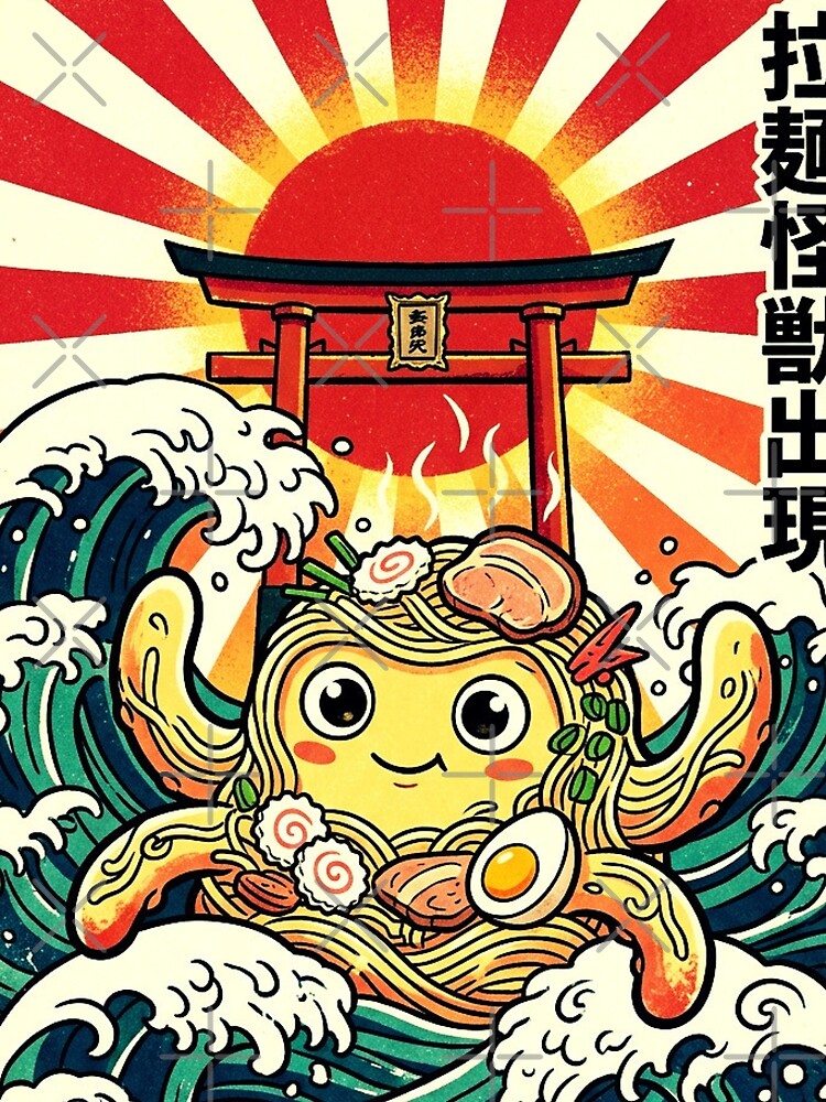 Ramen Kaiju Rising – Kawaii Japanese Monster Noodle Retro Art Print by @SHINTOSARTSTORE