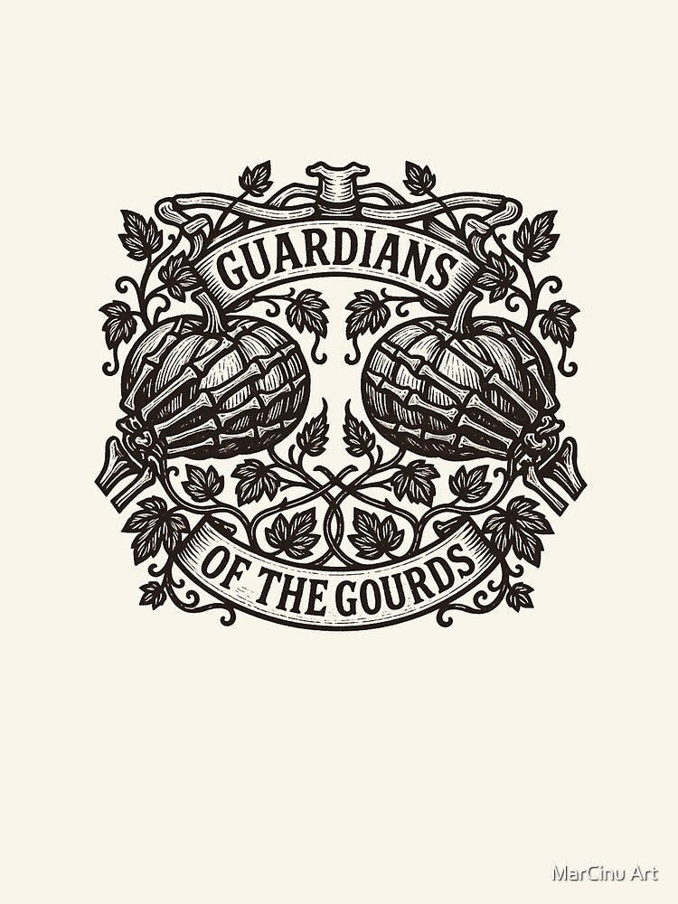 Guardians Of The Gourds Skeleton Hands Pumpkin Vintage Linocut Goth Gardener Halloween Art by MarCinu Art