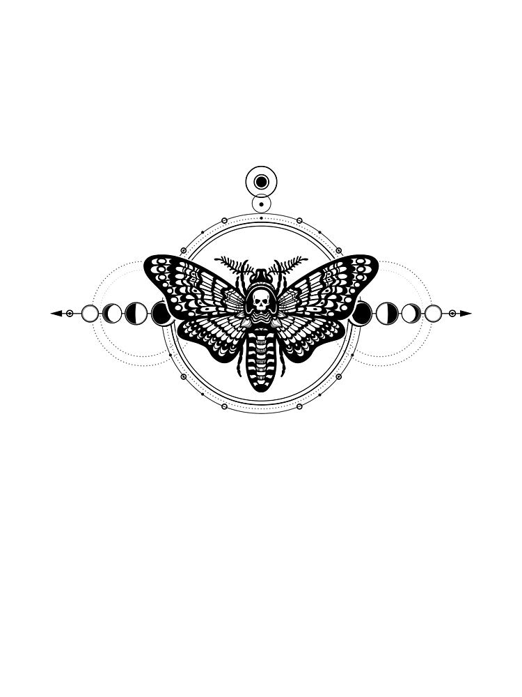 Mystical drawing: moth Dead Head, sacred geometry, moon phases, energy circles. Alchemy, magic, esoteric, occultism. Monochrome Vector Illustration by YanaZvereva