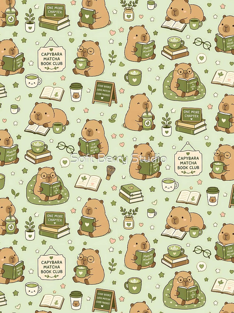 Capybara Matcha Book Club Pattern by Soft Berry Studio