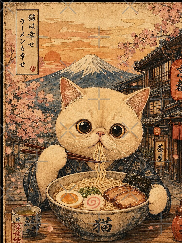 Exotic Cat Eating Ramen - Vintage Japanese Ukiyo-e by merchxwear