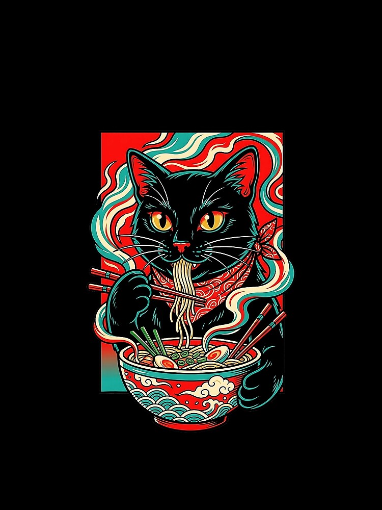 Black Ramen Cat Retro Japanese Kawaii Noodle by titanlevi