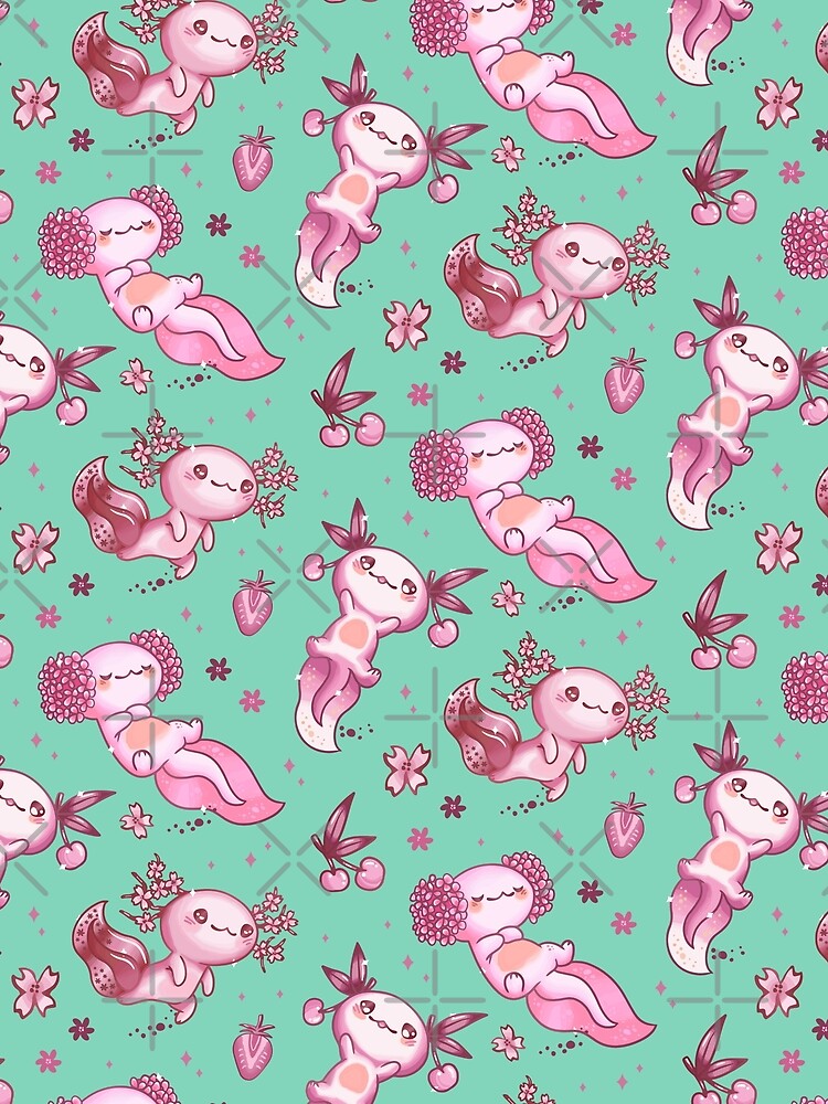 Kawaii Axolotl All Over Seamless Pattern Turquoise by MnEmzStudio