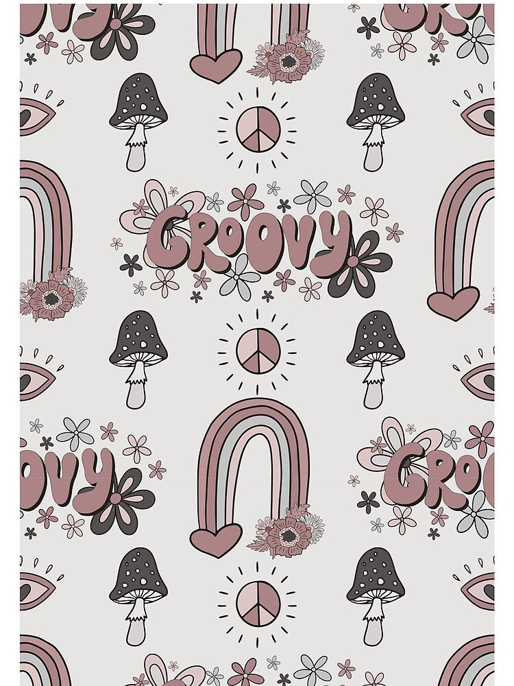 Groovy Retro 70s Pattern with Rainbows, Mushrooms & Peace Signs by TheThreeOFive