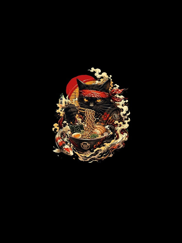 Japanese Samurai Black Cat Eating Ramen Noodles Koi Fish by Vermanartist