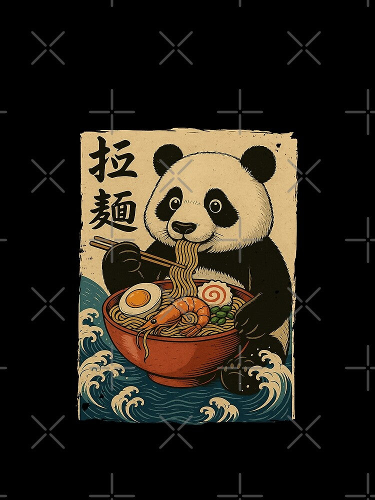 Panda Ramen with Shrimp and Waves – Cute Japanese Retro Vintage Style by Damcoc