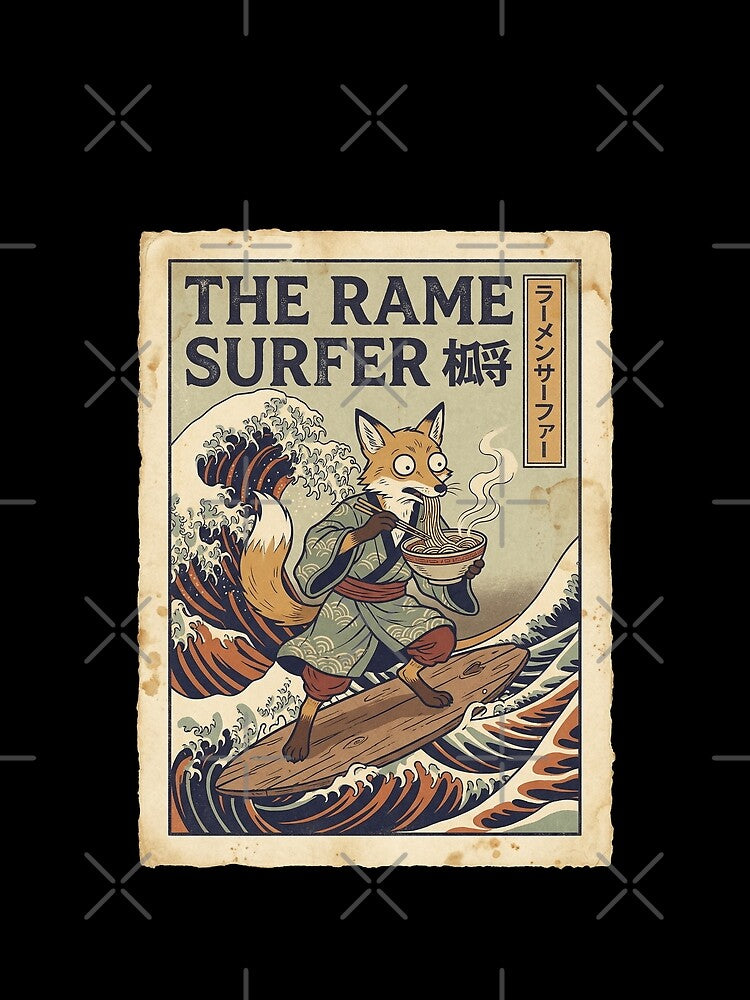 The Great Wave of Fox - The Ramen Surfer Vintage Japanese Fox Art by Bongocomic