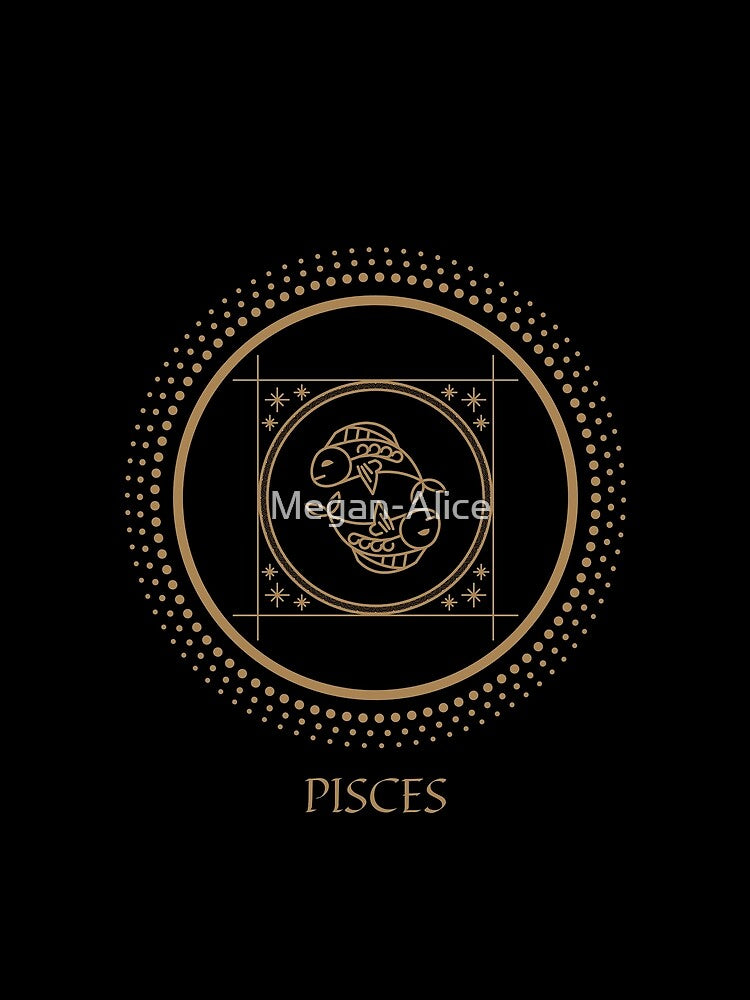 Pisces Zodiac Symbol Black and Gold Art Print by Megan-Alice