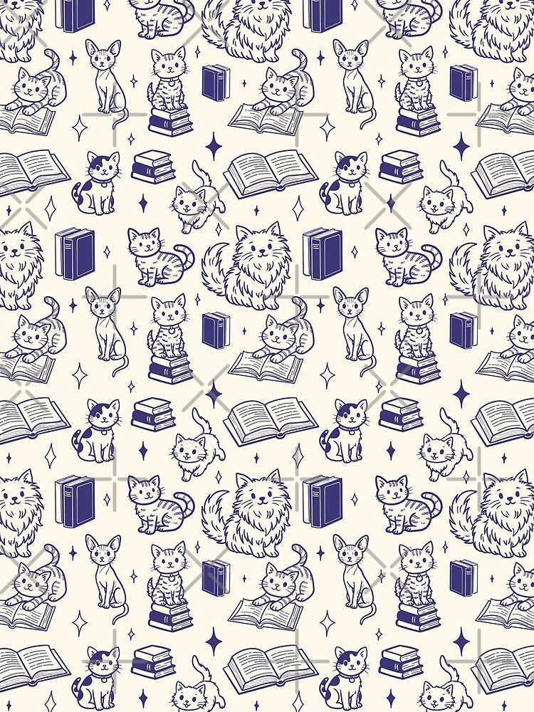Cute Cats and Books Doodle Seamless Pattern for Book Lovers in Cream by WildLakePatterns