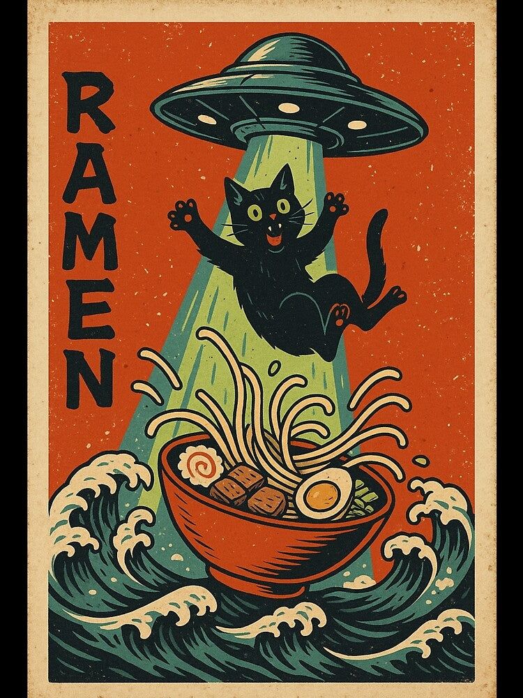 UFO Ramen Cat – Retro Japanese Vintage Alien Abduction Noodle Art by YYoYY