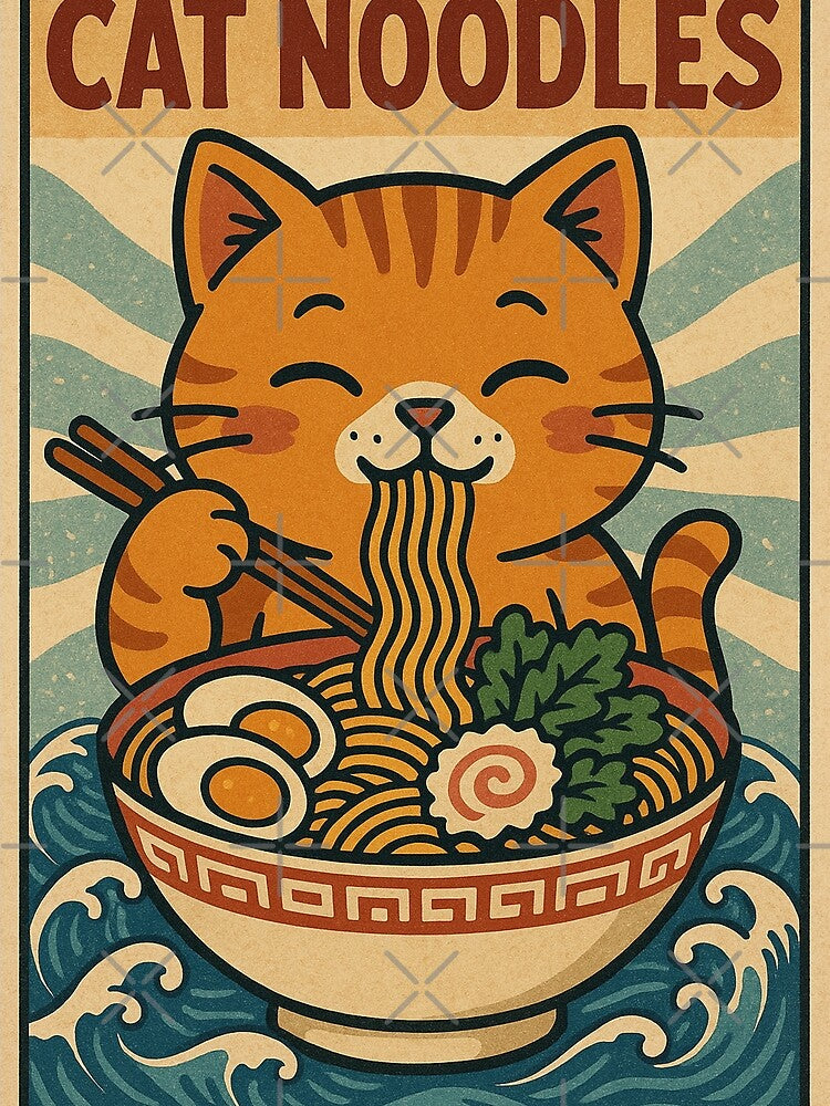 Retro Ramen Cat Slurping Noodles by Nordo Studio