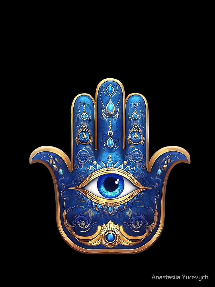 Blue Hamsa Hand with Mystical Eye and Gold Accents Ornate Hamsa Hand Design with Evil Eye Symbol by Anastasiia Yurevych