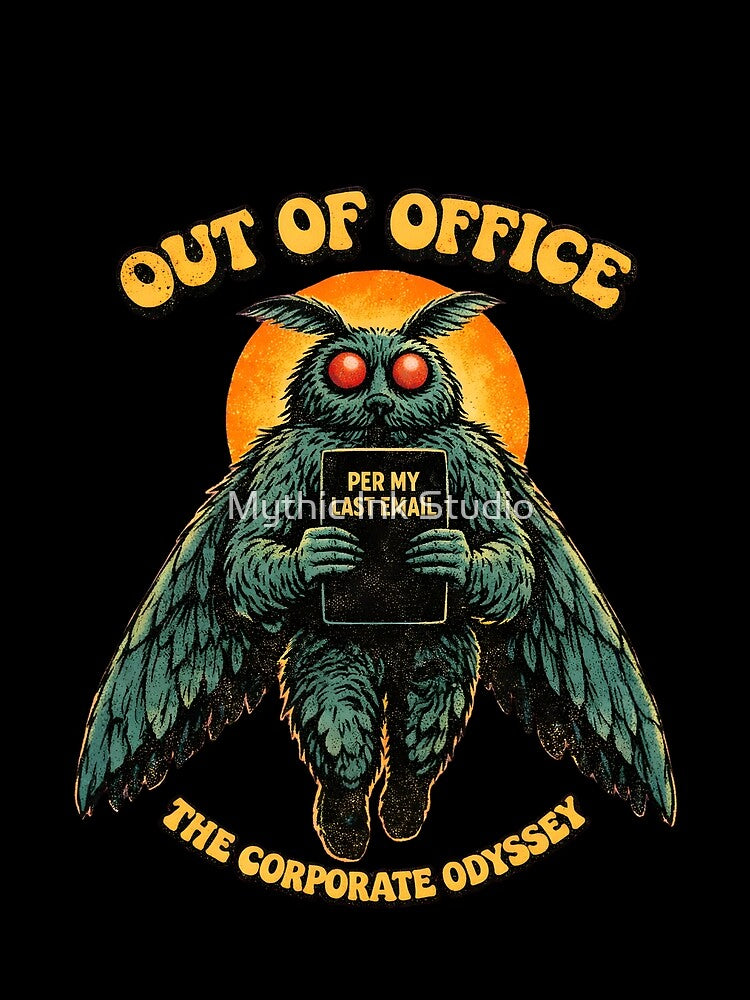 Funny Mothman Corporate Void Per My Last Email Retro Sci-Fi Cryptid Tee by Mythic Ink Studio