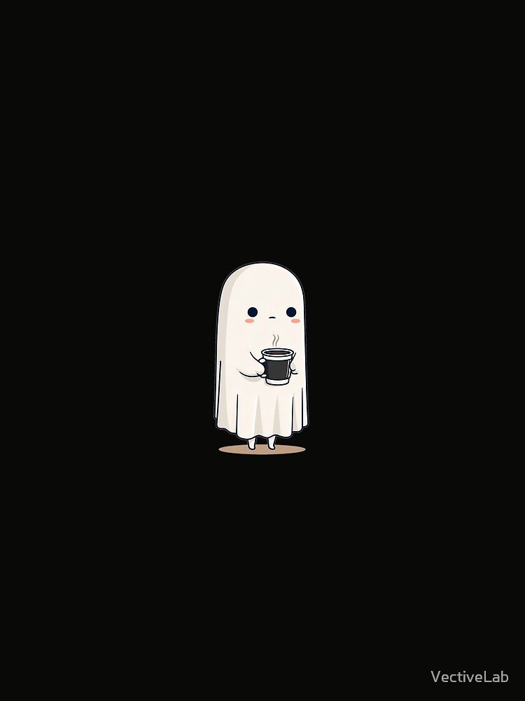 Cute Little Ghost Holding Coffee Cup – Spooky Halloween Kawaii Design by VectiveLab