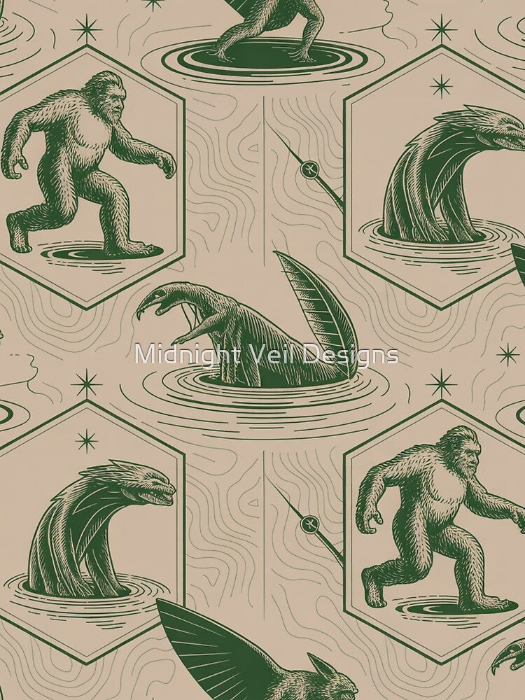 Cryptid Lake Monster Seamless Pattern | Bigfoot Nessie Mothman Vintage Map Style by Midnight Veil Designs