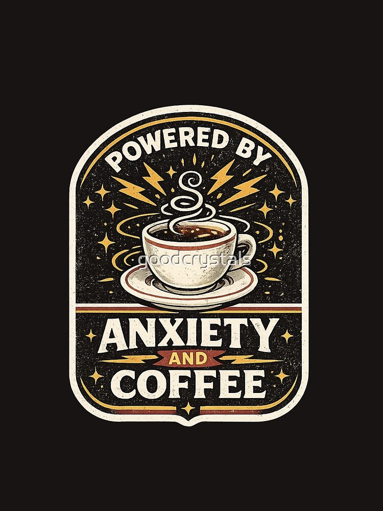 Powered by Anxiety and Coffee Retro Badge T-Shirt & Sticker by goodcrystals