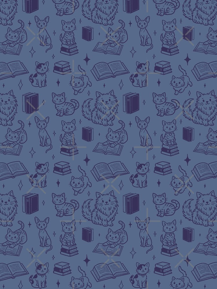 Cute Cats and Books Doodle Seamless Pattern for Book Lovers in Blue by WildLakePatterns