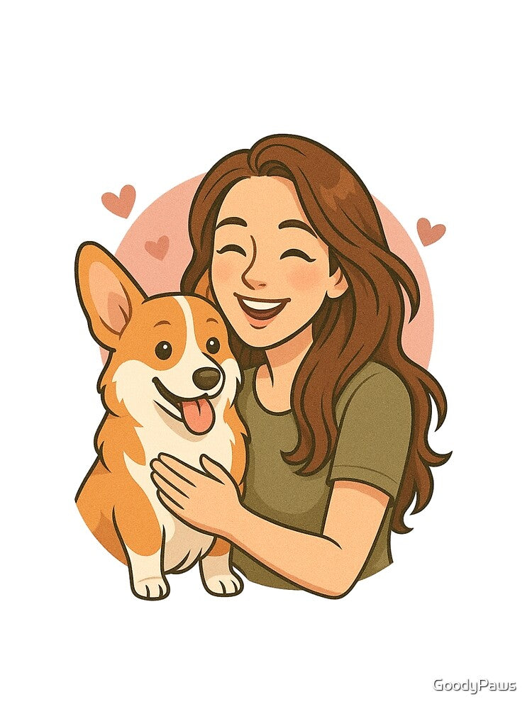 Royal Companions: Woman & Pembroke Welsh Corgi Cartoon by GoodyPaws