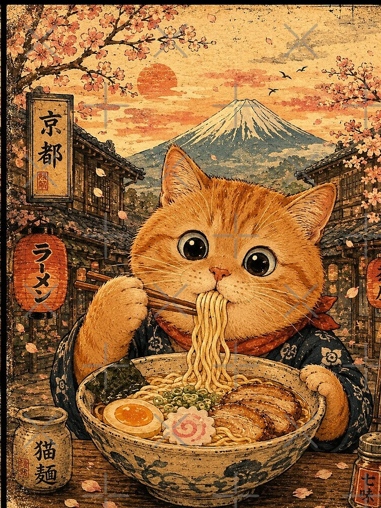 Orange Cat Eating Ramen - Vintage Japanese Ukiyo-e by merchxwear