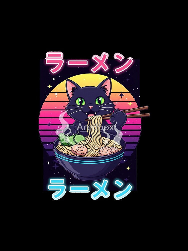 Kawaii Black Cat Eating Ramen – Vaporwave Anime Style by Aredbox