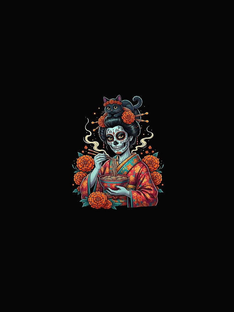 Geisha Skeleton Eating Ramen With Black Cat Japanese Retro by facegm