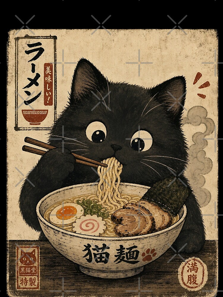 Chonky Black Cat Eating Ramen Again by merchxwear