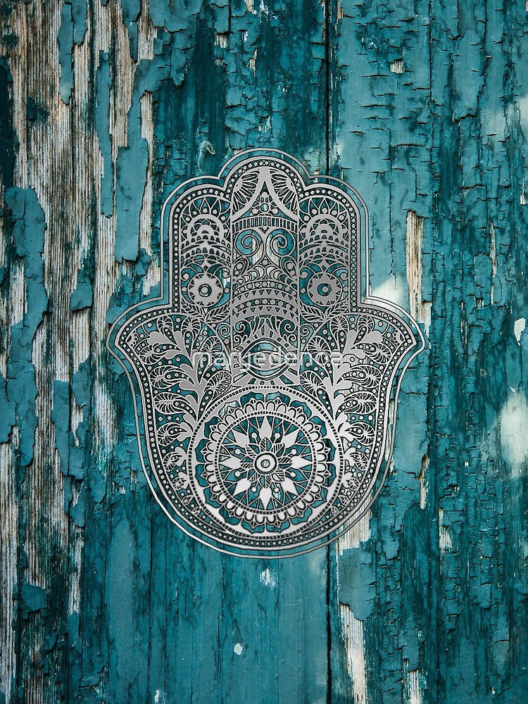 Silver Hamsa Hand  On Turquoise Wood by maryedenoa