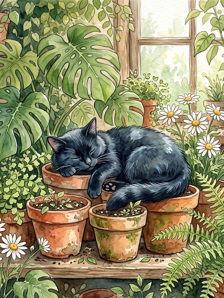 Sleeping Black Cat in Houseplants Watercolor Botanical Art by NiceArtsPlace