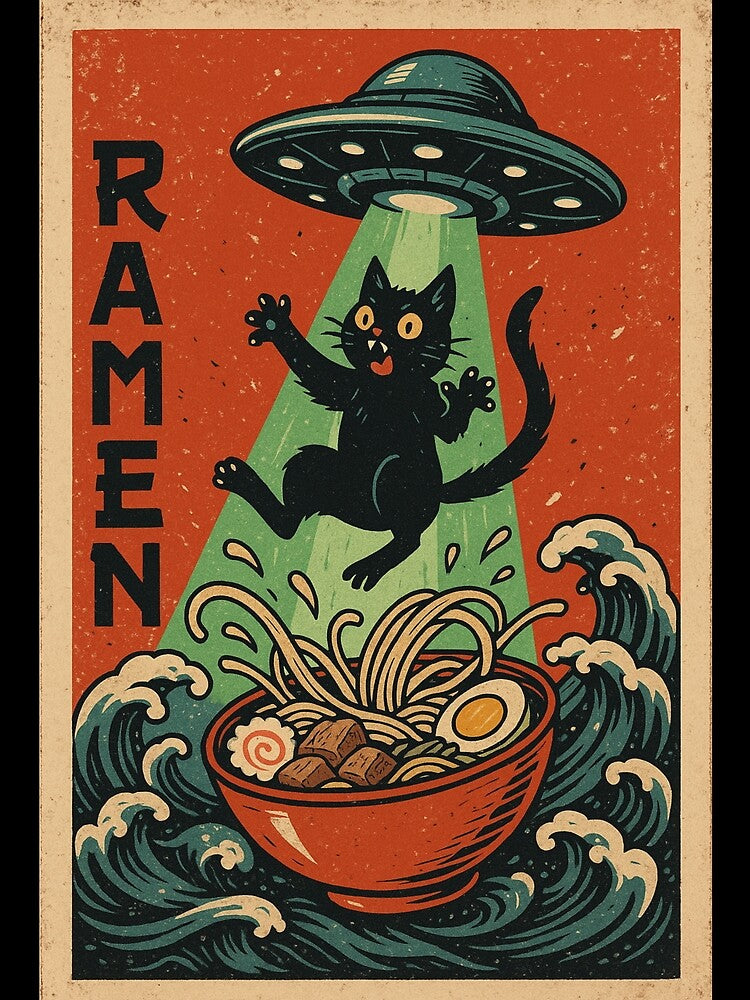 UFO Ramen Cat – Retro Vintage Japanese Noodle Alien Abduction Art by YYoYY