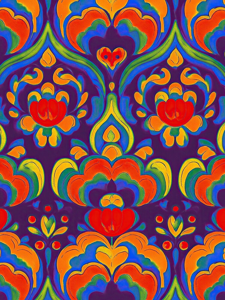 Bright Joyful Traditional Folk Art Rainbow Fabric Print by thaneydesign