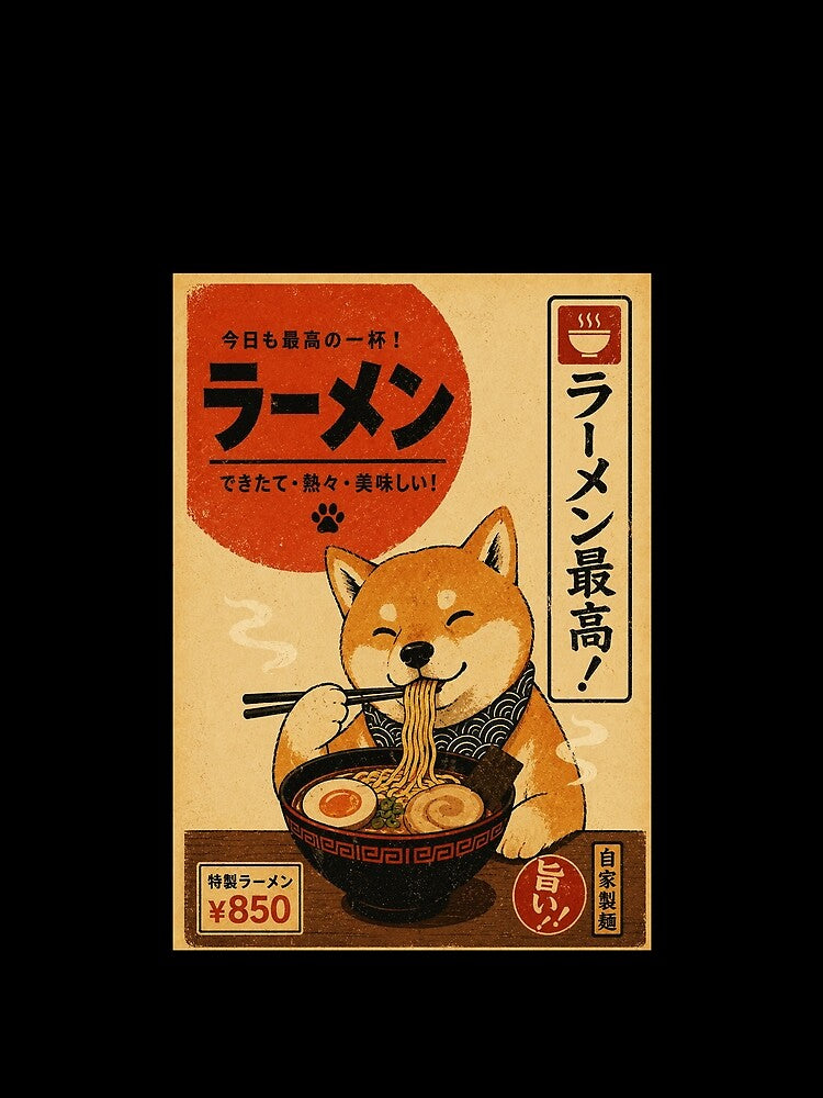 Cute Shiba Ramen Poster with Warm Vintage Japanese Restaurant Style by eliramaison